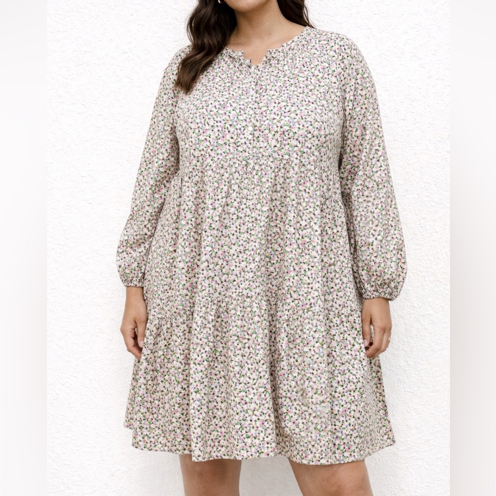 H&M A-line floral cotton tiered relaxed‎ mini dress L